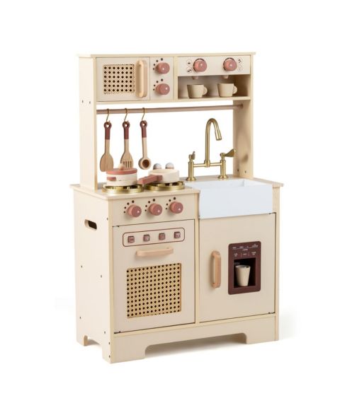 Детские игрушки Slickblue Kids' Wooden Play Kitchen with Realistic Lights and Sounds, 16-Piece Set, от 3 лет, цвет: Жёлтый