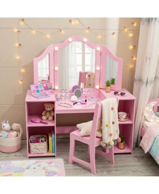 2-in-1 Vanity Table and Chair Set, Tri-Folding Lighted Mirror, Storage Drawer, High Back Chair, Convertible Desk, Ideal Gift for Toddlers