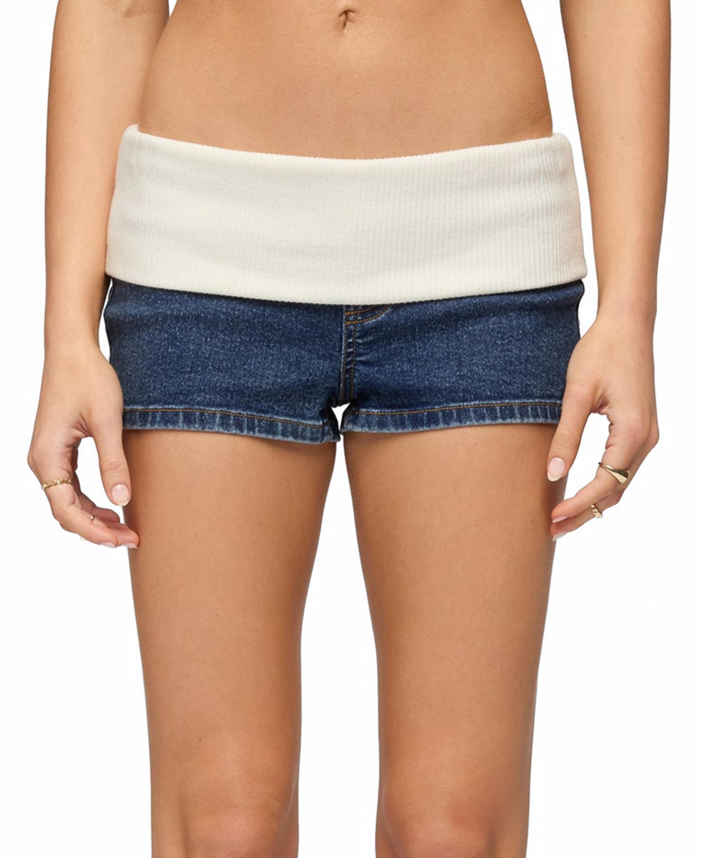 Женские шорты Edikted Contrast Foldover Denim Micro, цвет: Тёмный синий — фото 1