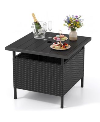 Square Wicker Patio Side Table with Umbrella Hole