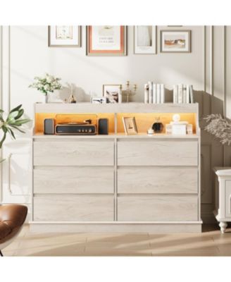Dresser for Bedroom with 6 Drawers, Modern Chest Featuring LED Lights and Charging Station