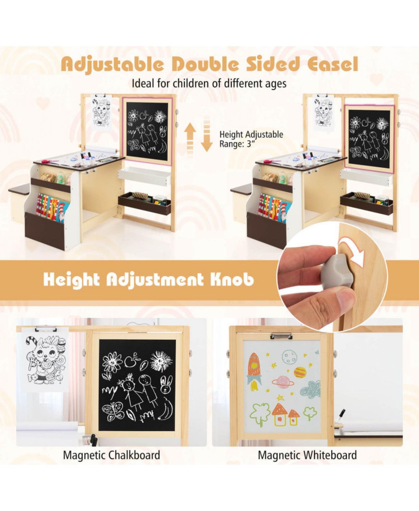 Детская игрушка GOUUN Double-Sided Adjustable Art Center with Easel and Storage Bench, Ages 3+, цвет: Коричневый — фото 10