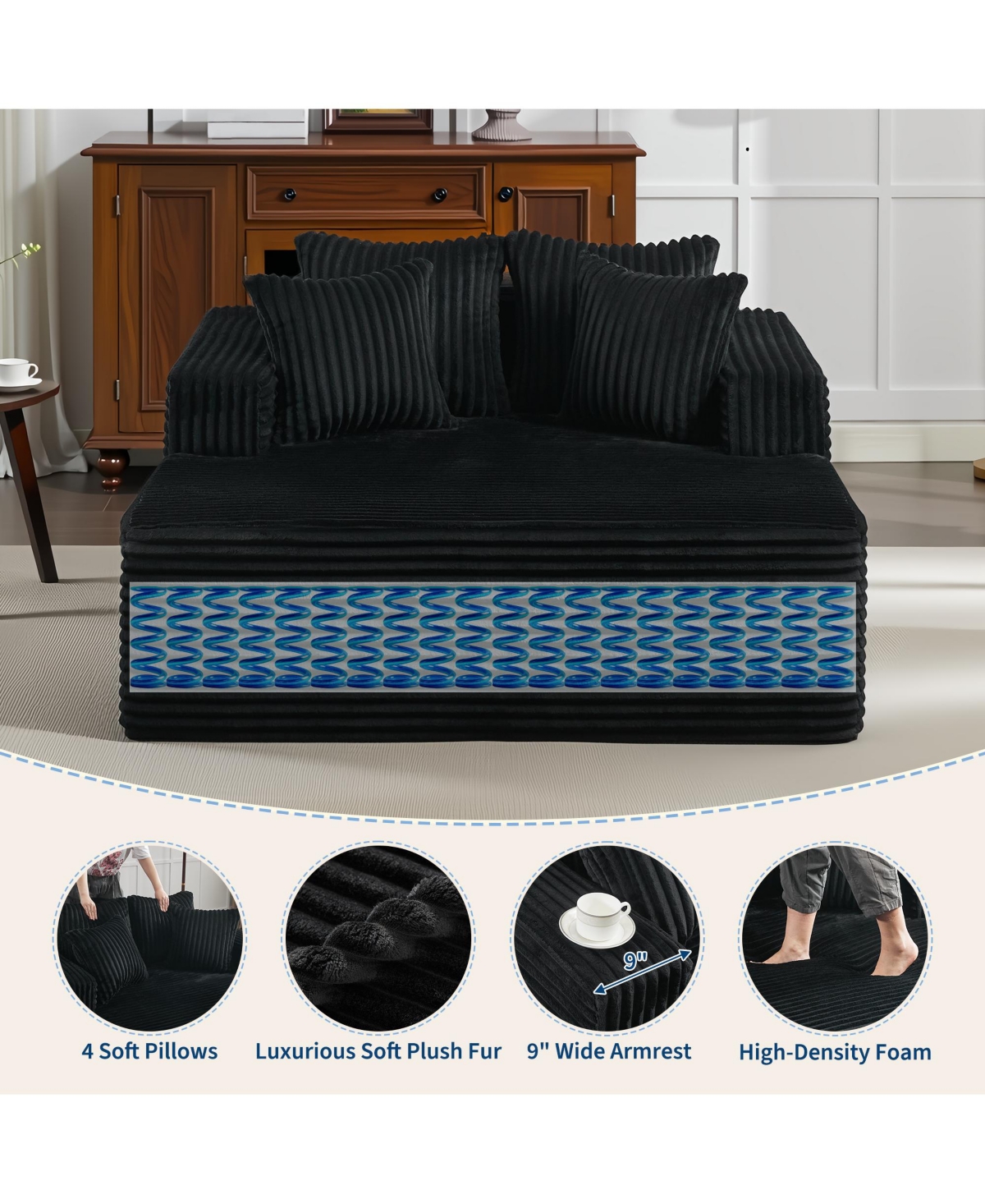 gaomon Extra-Large Corduroy Frameless Sofa Bed with Armrests and 4 Plush Pillows-Perfect for Apartments, Living Rooms, Bedrooms