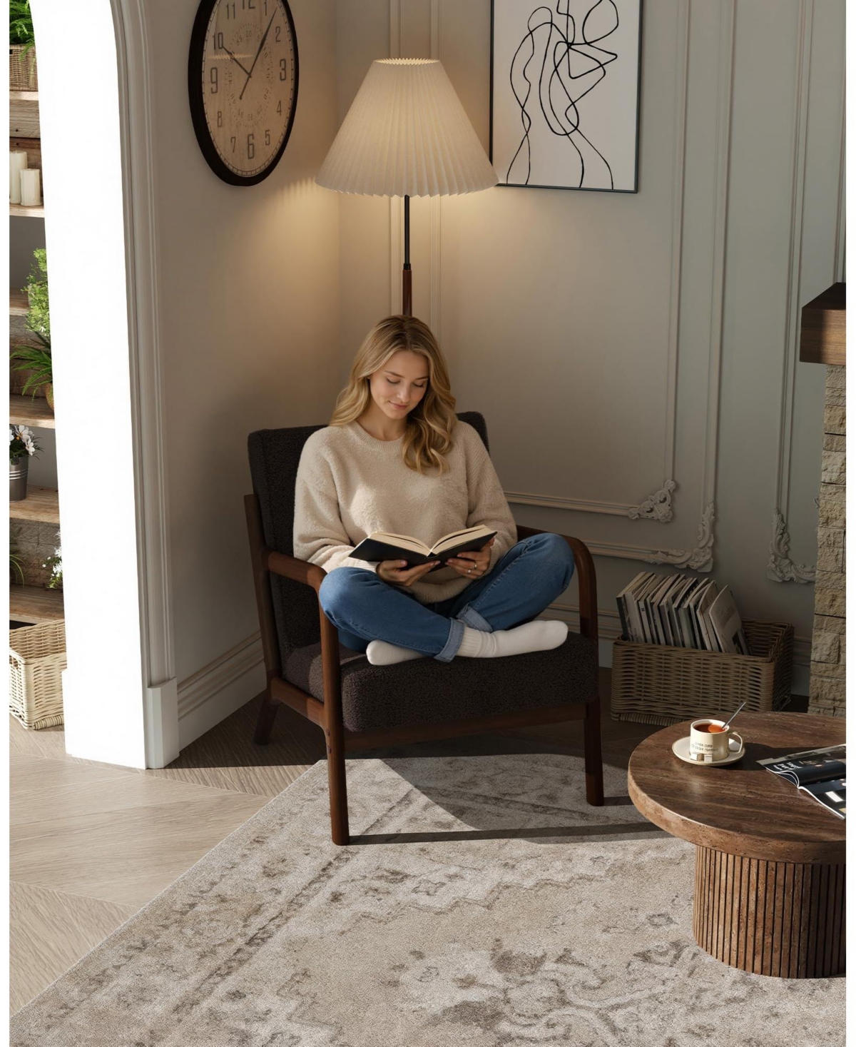 gaomon 2-Piece Snow Texture Fabric Reading Chairs, Mid-Century Style, Sturdy Wooden Frame, Equipped with Lumbar Pillows.