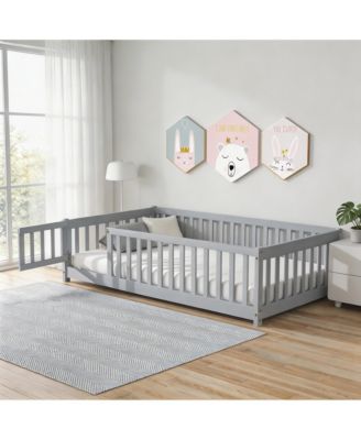 Twin Floor Bed with Fence and Door,Solid Wood Kids Bed Frame for Toddlers