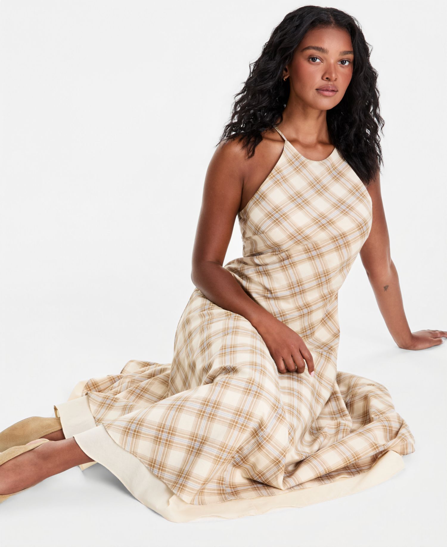 Plus size Cotton Plaid Cami-Strap Asymmetric Dress