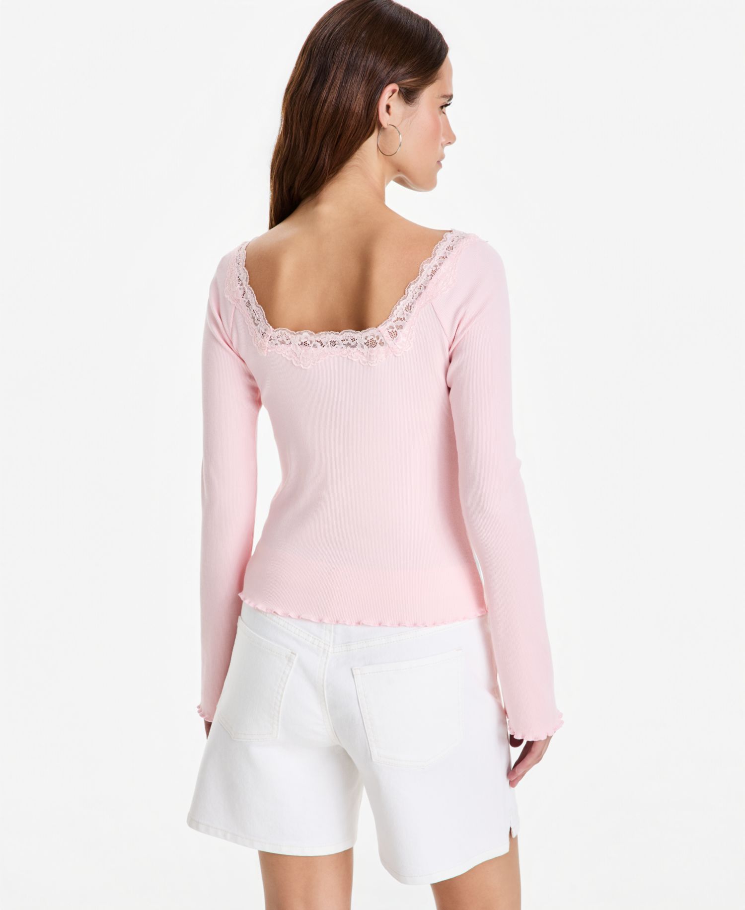 Petite Lace-Trim Scoop-Neck Long-Sleeve Top
