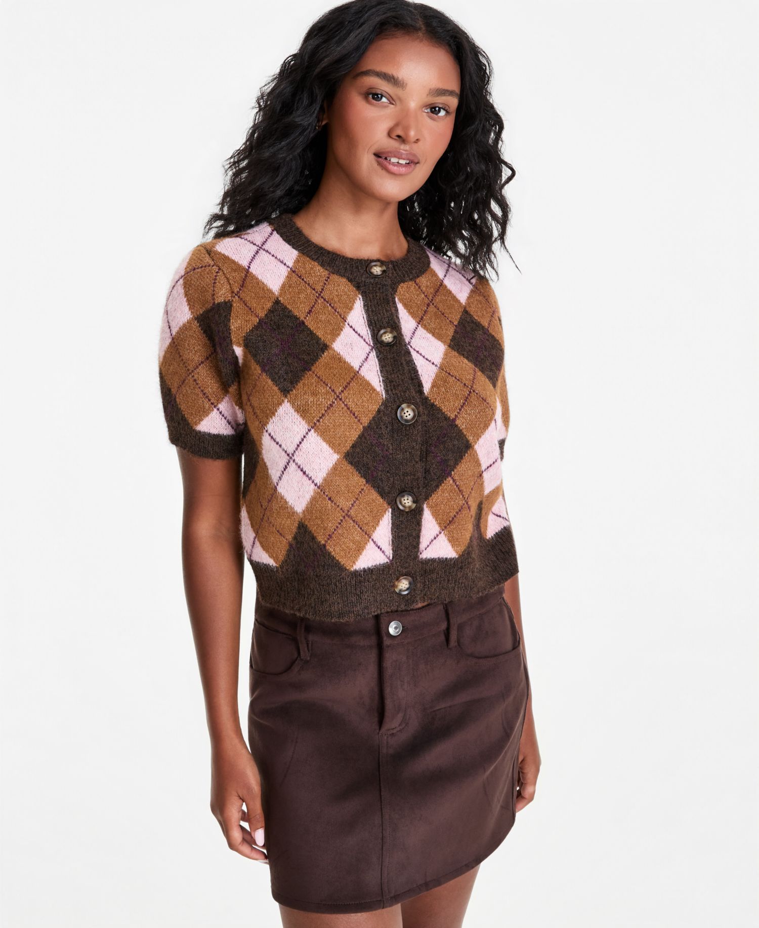 Petite Plaid Short-Sleeve Button-Front Cardigan