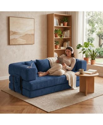 5-in-1 Convertible Sofa Bed, Corduroy Floor Sofa with 4 Pillows, 2 Cup Holders and Deep Seat Cushion for Small Spaces
