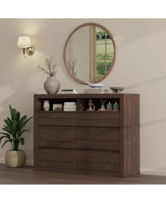 6 Drawer Dresser for Bedroom, Modern Mid Century Chest of Drawers with 2 Open Shelves, 47" Wooden Double Dresser TV Stand for Closet
