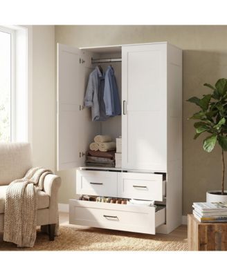 Modern Wooden Wardrobe Closet for Bedroom, 70" Freestanding Armoire Cabinet with Hanging Rod, 3 Deep Storage Drawers, Tall Clothes Organizer