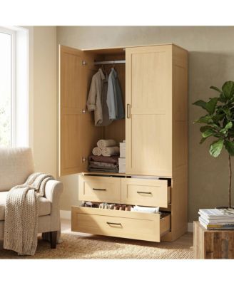 Modern Wooden Wardrobe Closet for Bedroom, 70" Freestanding Armoire Cabinet with Hanging Rod, 3 Deep Storage Drawers, Tall Clothes Organizer