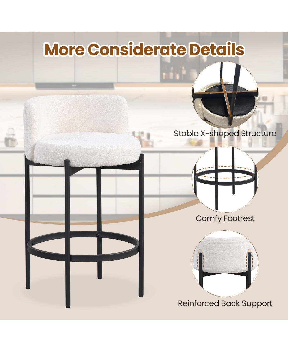 Gymax Set of Boucle Counter Stools with Curved Backrest Metal Frame Comfy Footrest