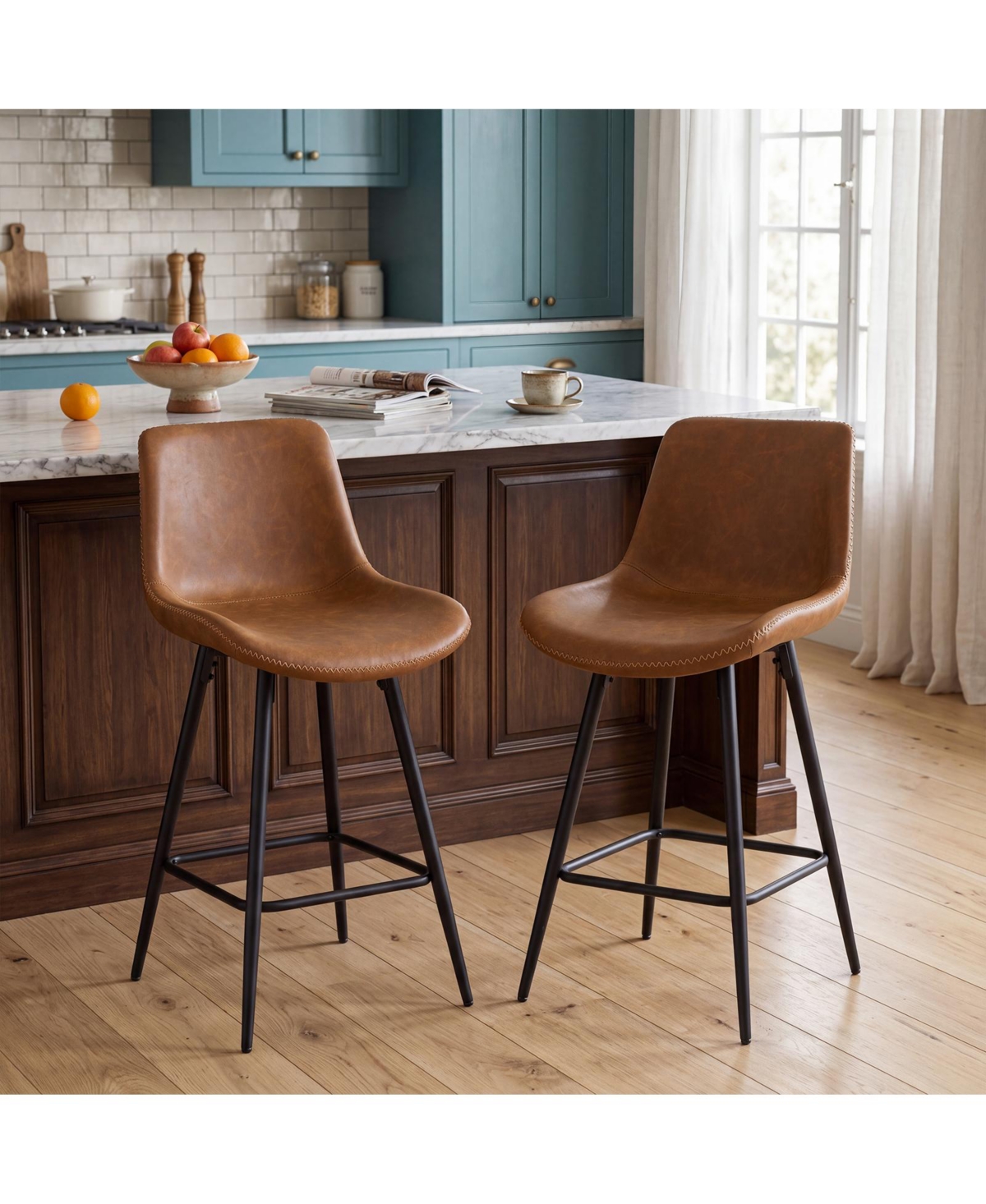 Gymax Set of Bar Stools 24 Inch Counter Height Bar Chairs with Backs and Footrests