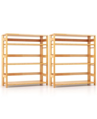 2 Pieces 4 Tier Bookshelf Floor Storage Shelf with Rubber Wood Frame Anti-Toppling Kits