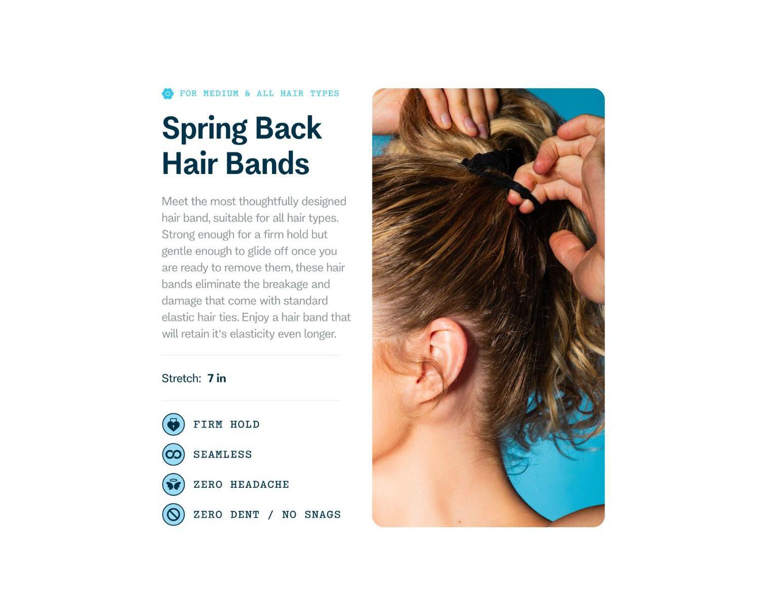 Spring Back Hair Bands - No-Snag Elastic Bands for Medium Hair - Gentle Ponytail Holders - 12 Pack