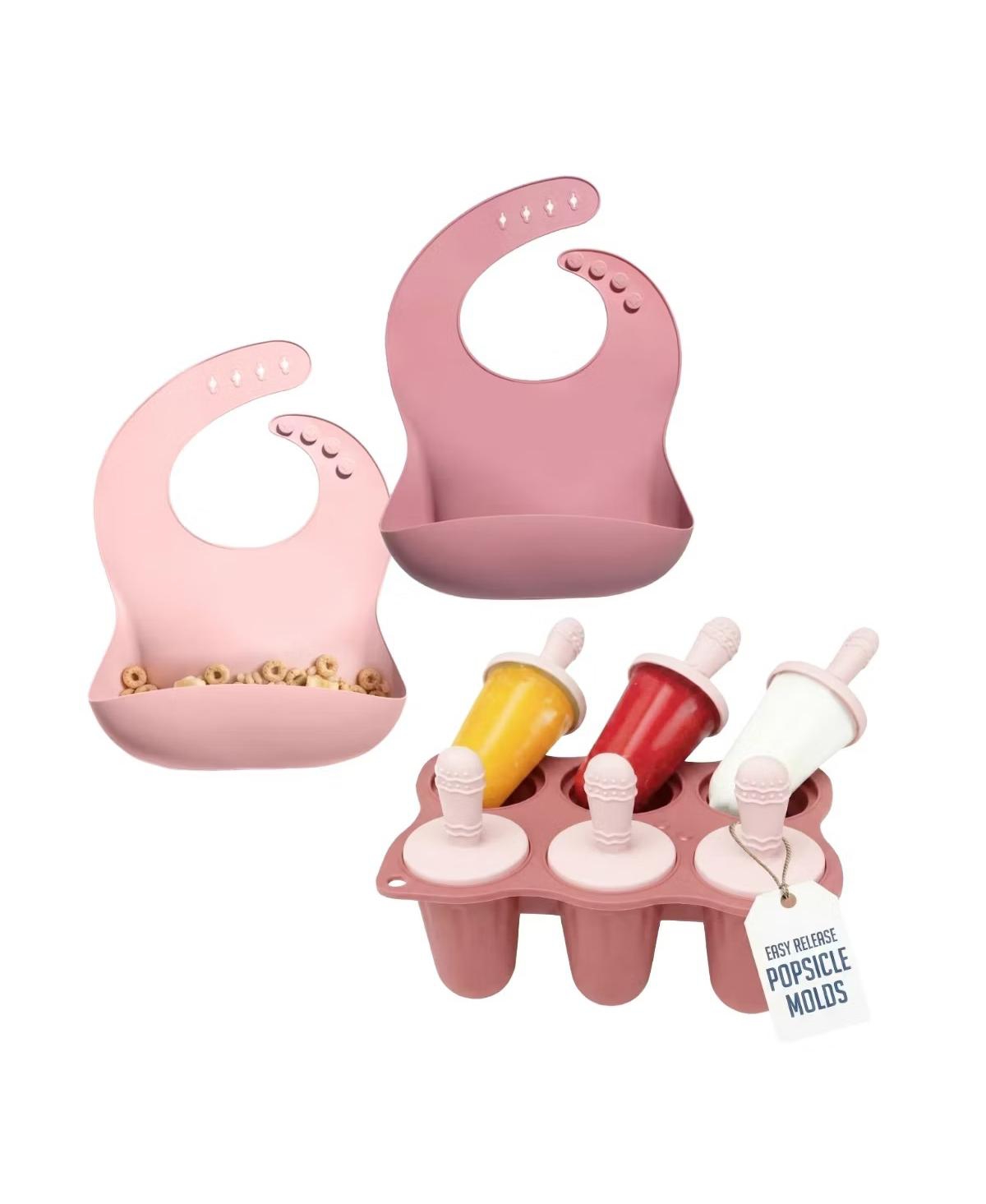 Sperric Baby Teething Popsicle Set with 6-cavity mold and 2 silicone bibs, Bpa-free, freezer and dishwasher safe for soothing teething relief. - Pink