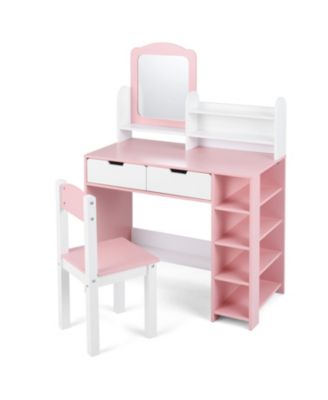 Kids Vanity Set with Chair and Mirror Storage Shelves and Drawers
