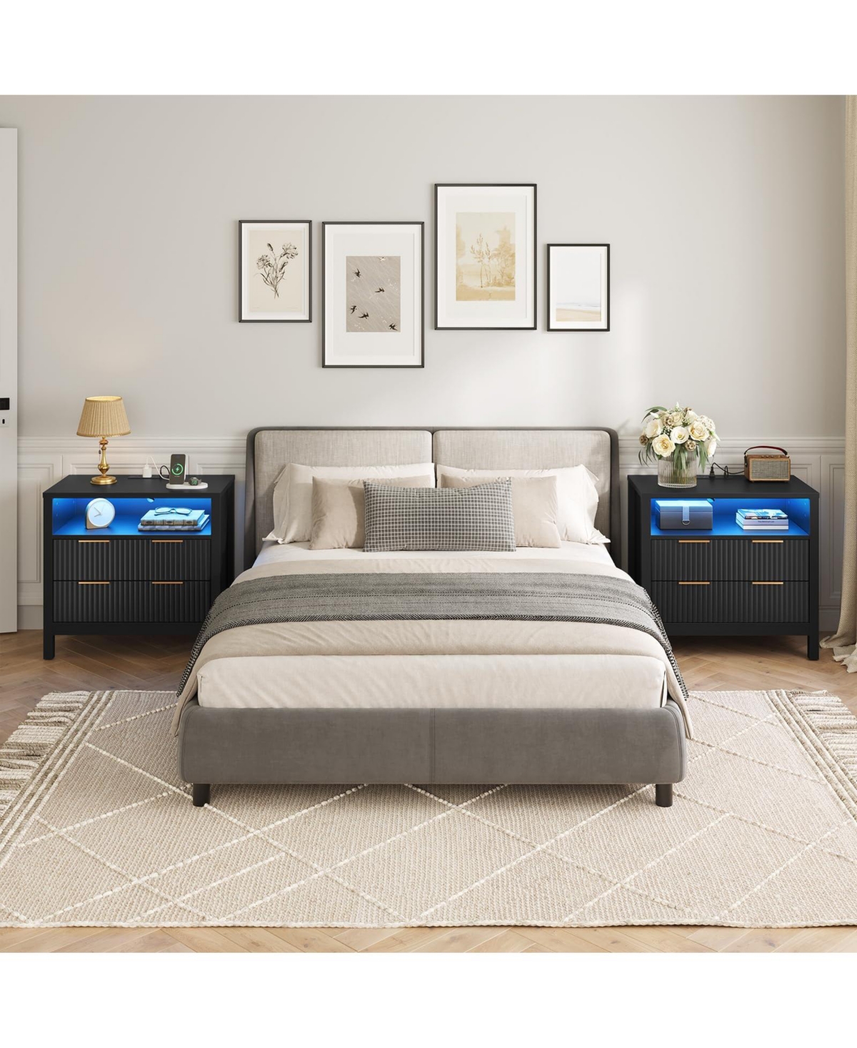 Slickblue Wooden Bedside Table with Charging Station, Led Lights and Shelf