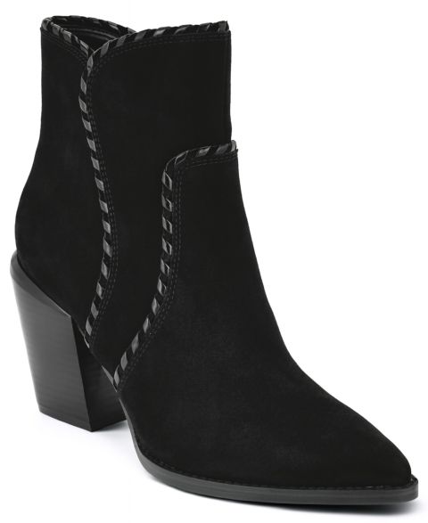 Женские ботинки Nine West Raxton Suede Whipstitch Block Heel Booties, цвет: Чёрный замшевый