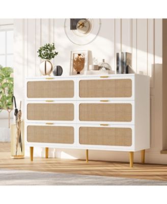 Modern Rattan 6-Drawer Dresser, Deep Storage & Wide Top for Bedroom