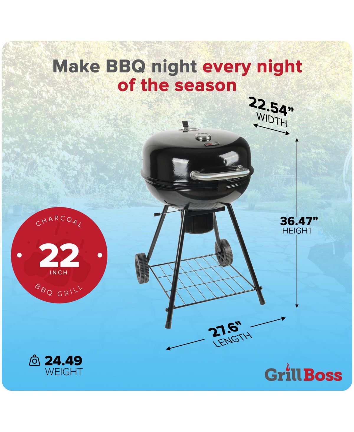 Grill Boss 22" Kettle Charcoal Grill, Porcelain Lid, Large Cooking Area