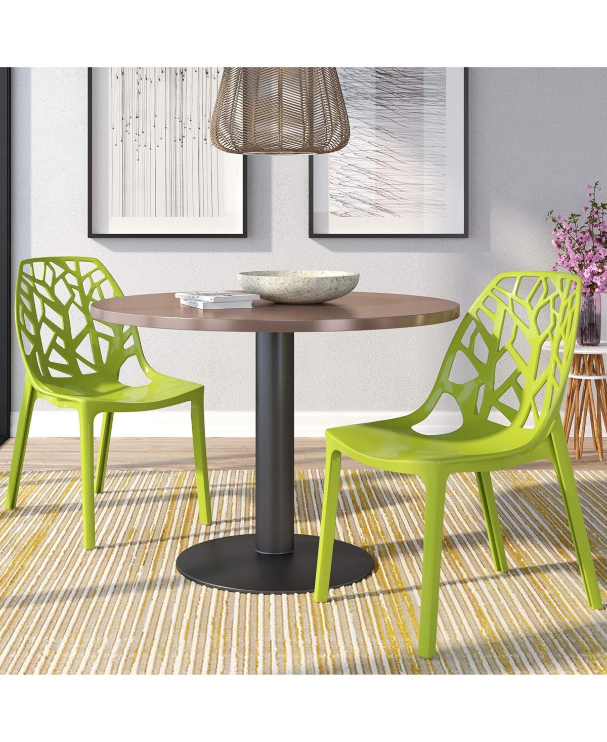 LeisureMod Cornelia Stackable Dining Chair Set of 2 Spring Cut-Out Tree Design Acrylic Accent Side Chair for Kitchen, Living Room, and Dining Area