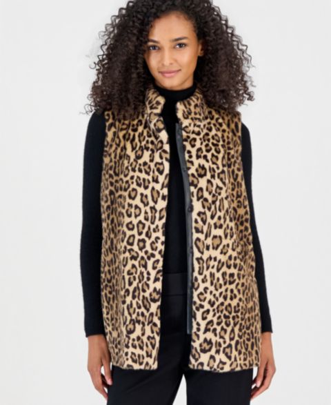 Женский жилет Anne Klein Elastic-Waist Snap Front Leopard-Print Faux Fur Vest, цвет: Разноцветный