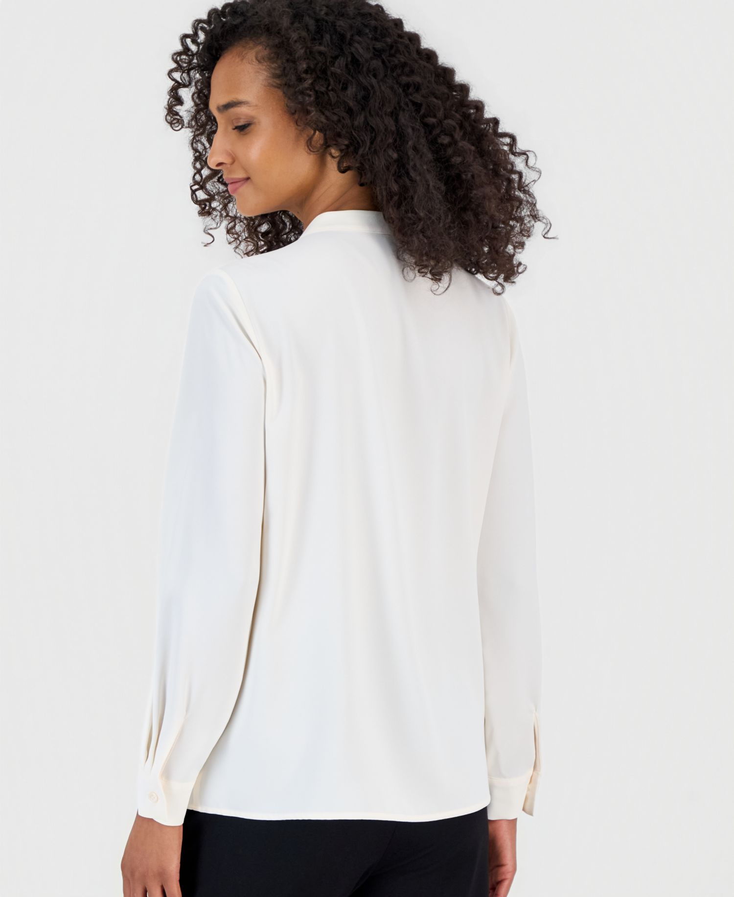 Petite Flutter Long-Sleeve Collared Lace Placket Blouse