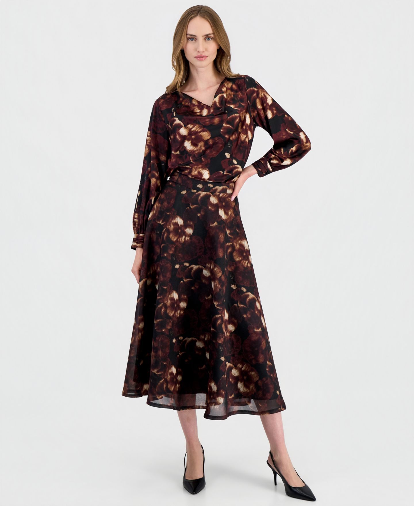 Женская юбка Anne Klein Midi A-Line High-Waisted, цвет: Чёрный разноцветный — фото 3
