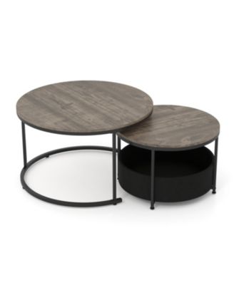 Round Cocktail Table Set of 2 with Built-In Fabric Storage Basket