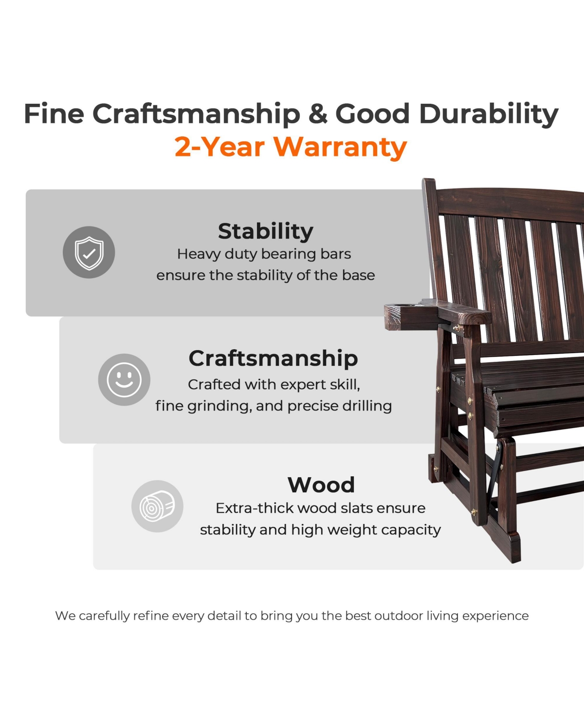 Mega Casa Solid Fir Wood 2-Person Outdoor Glider Bench, Heavy-Duty Wooden Patio Rocking Loveseat with Cup Holders