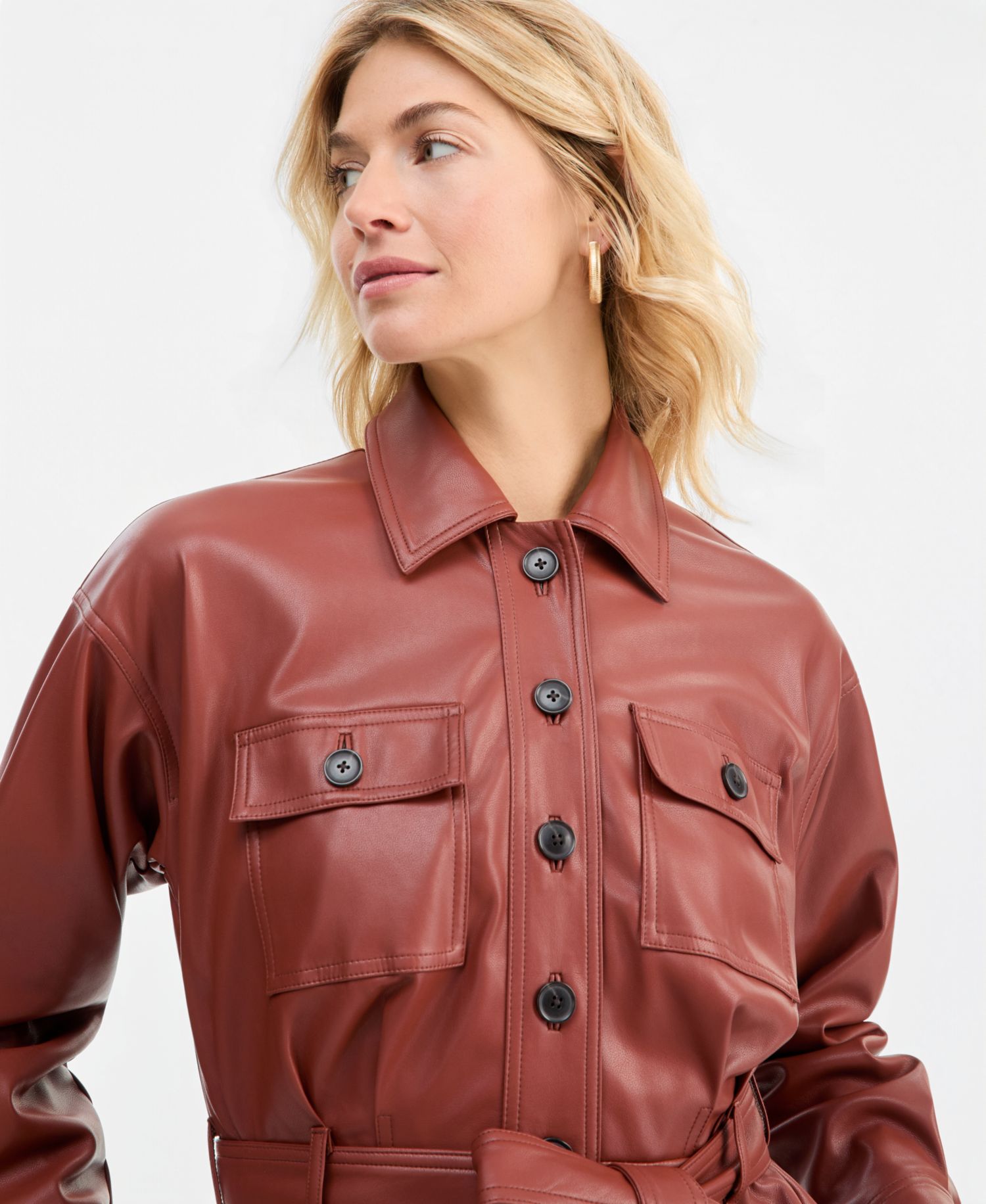 Women's Belted Faux Leather Peplum Shirt Jacket