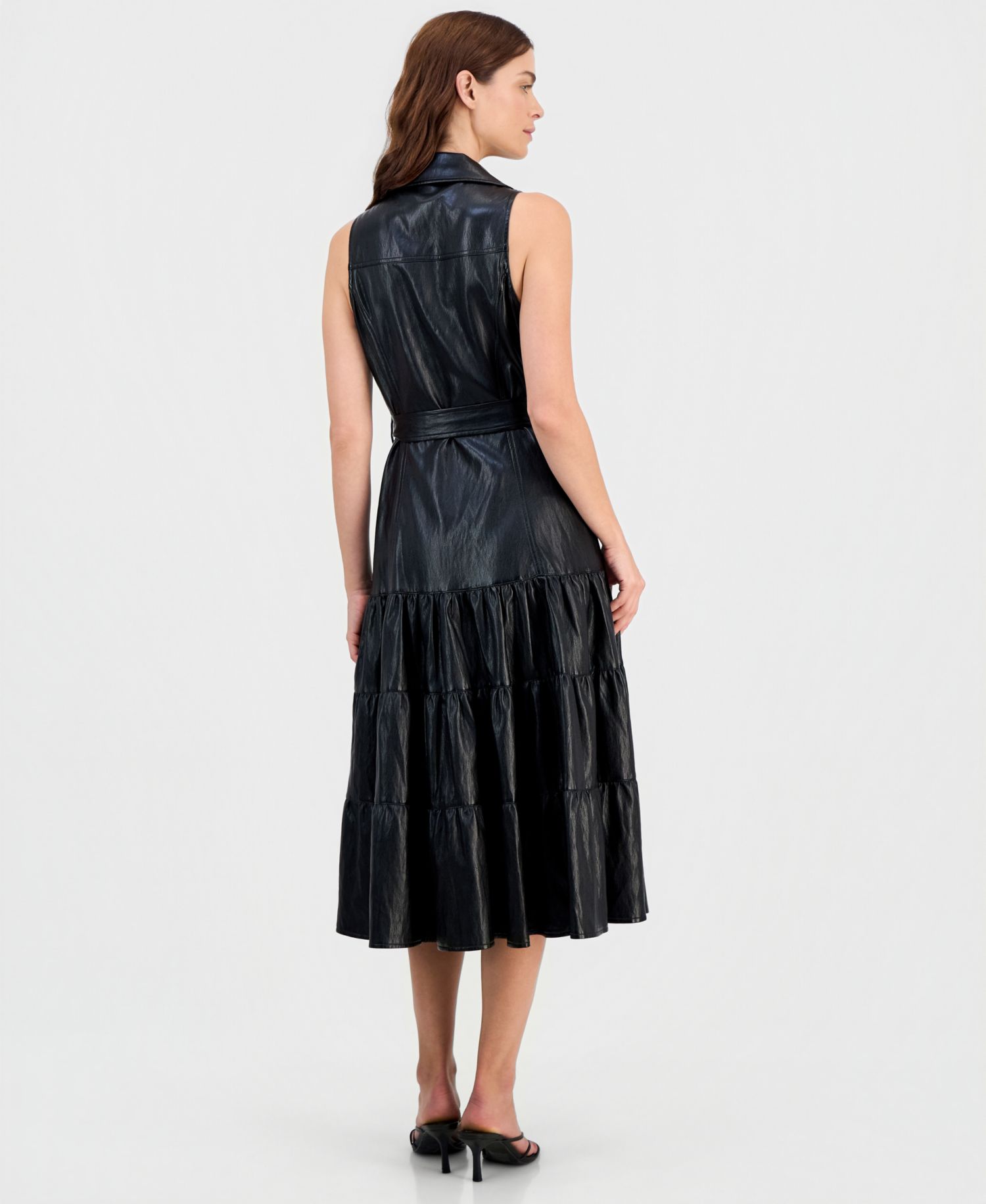 Women's Faux-Leather Tie-Waist Tiered Maxi Dress
