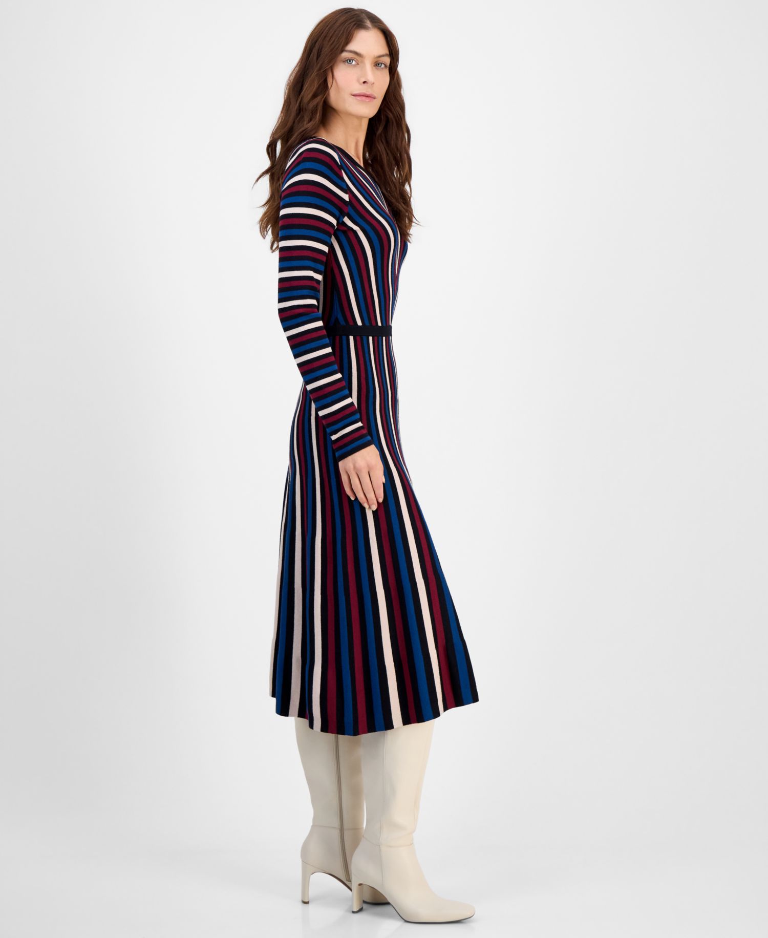 Women's Multicolor Striped Long-Sleeve Midi Dress