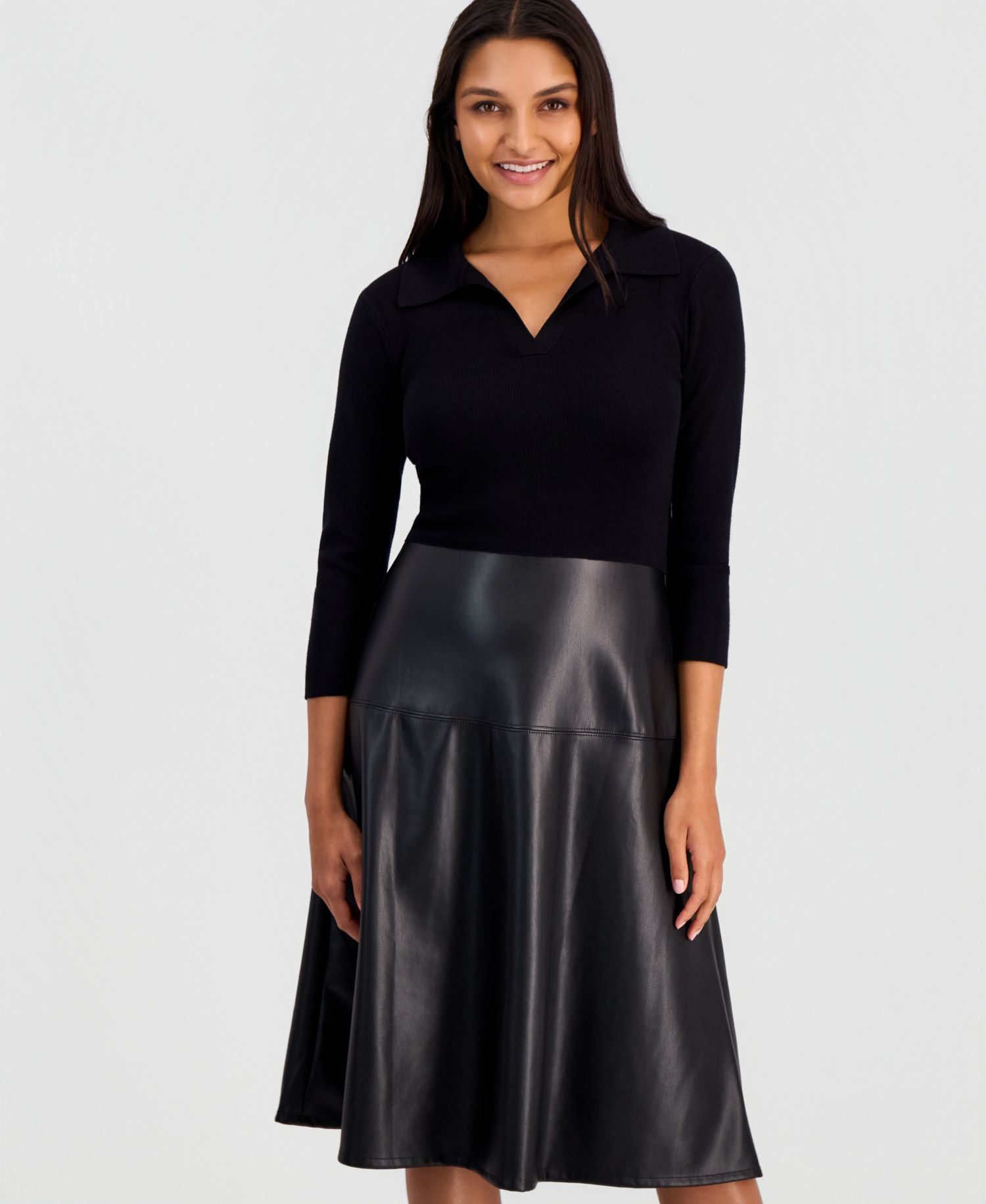 Women's Faux-Leather-Skirt Split-Collar 3/4-Sleeve Dress