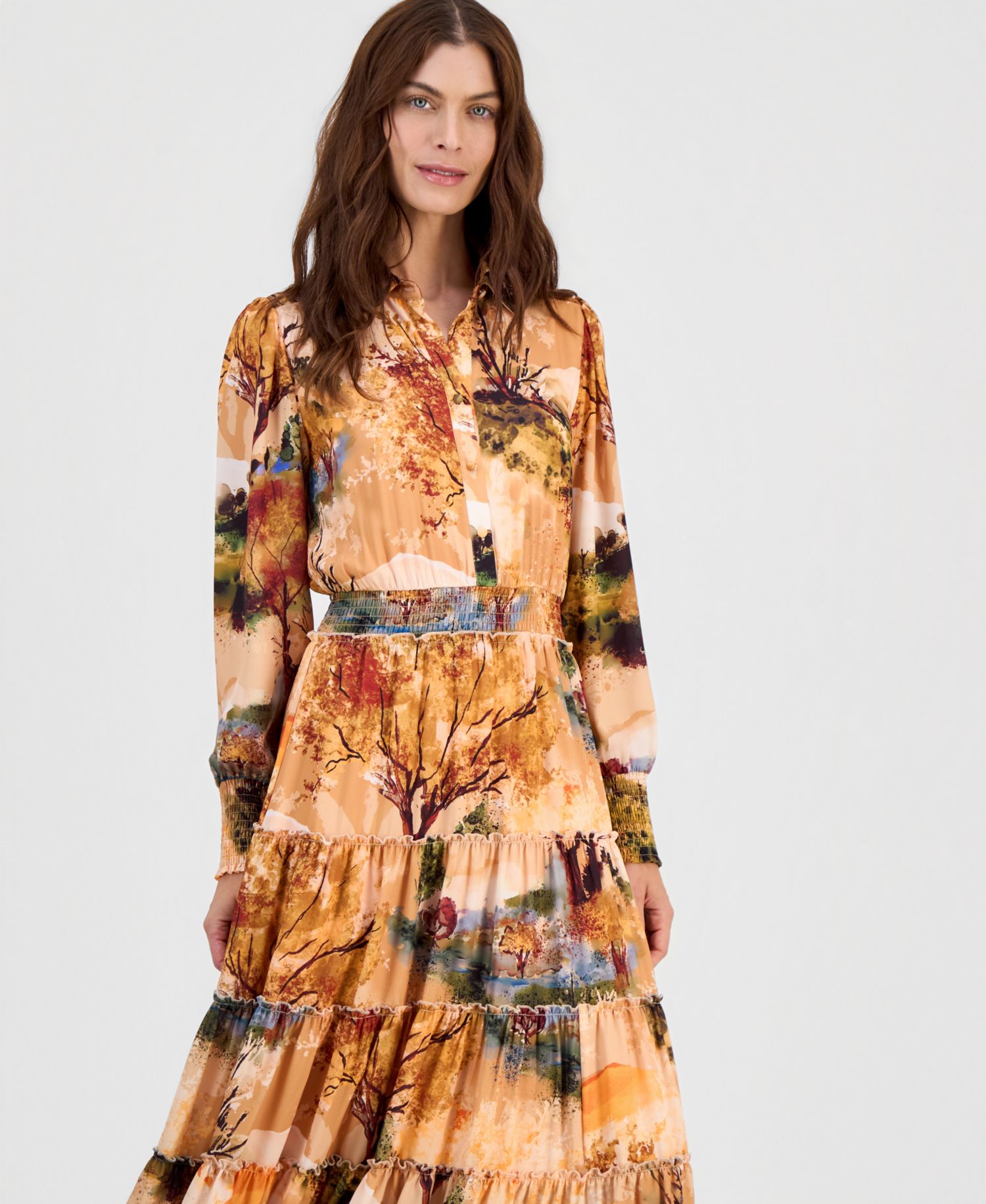 Women's Printed Smocked-Waist Ruffle-Tiered Dress