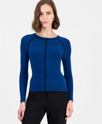 Women's Raglan-Sleeve Ribbed Crewneck Long-Sleeve Pullover Sweater