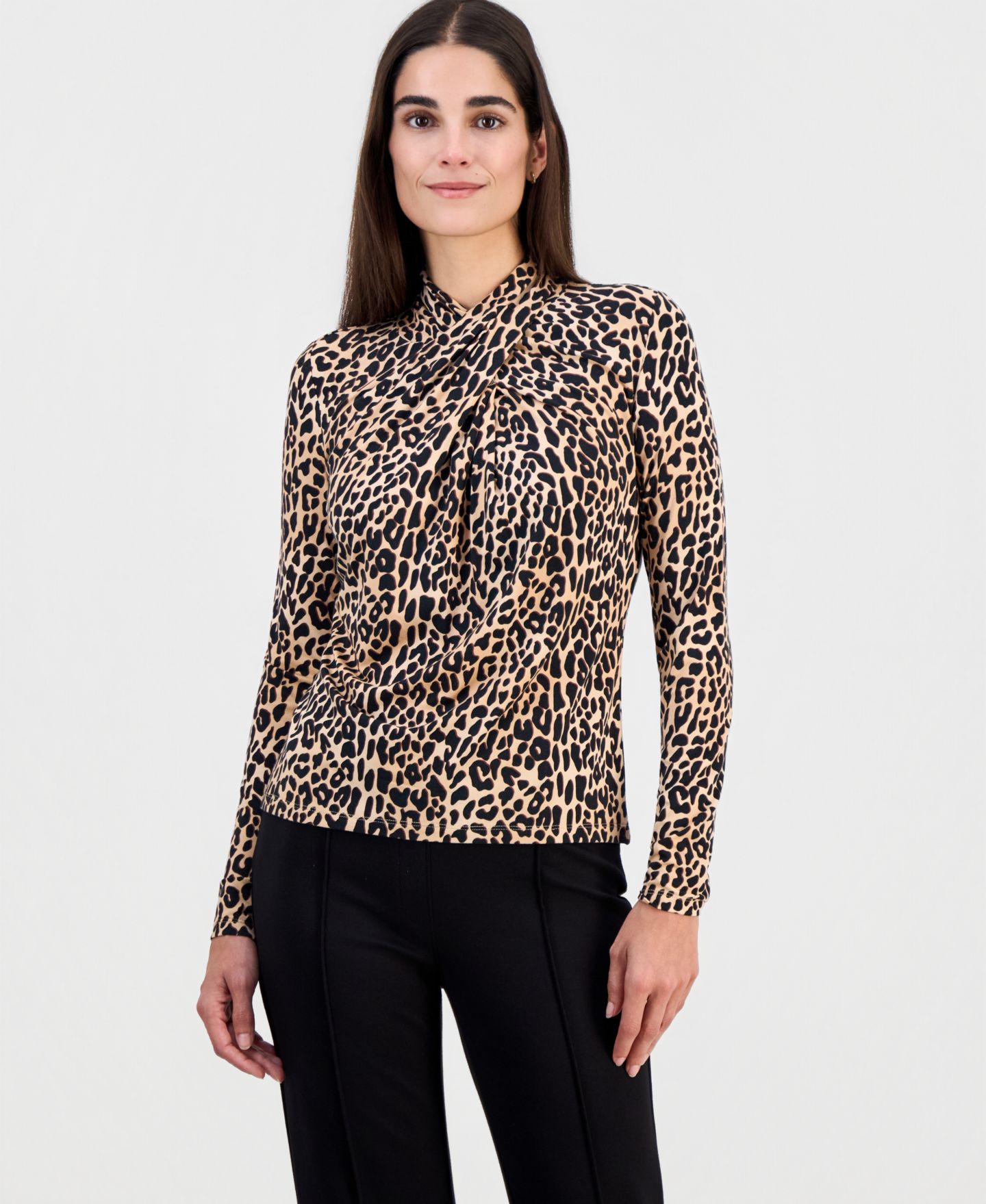 Женский топ T Tahari Printed Draped-Neck Long-Sleeve, цвет: Верблюжий — фото 1