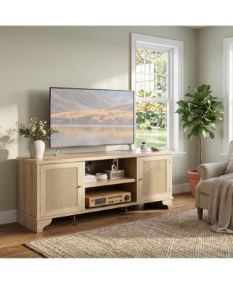 Rattan TV Stand Fits TVs Up to 70 Inches, Farmhouse Entertainment Center with 2 Cabinets and Open Shelves, Wooden Media Console Table