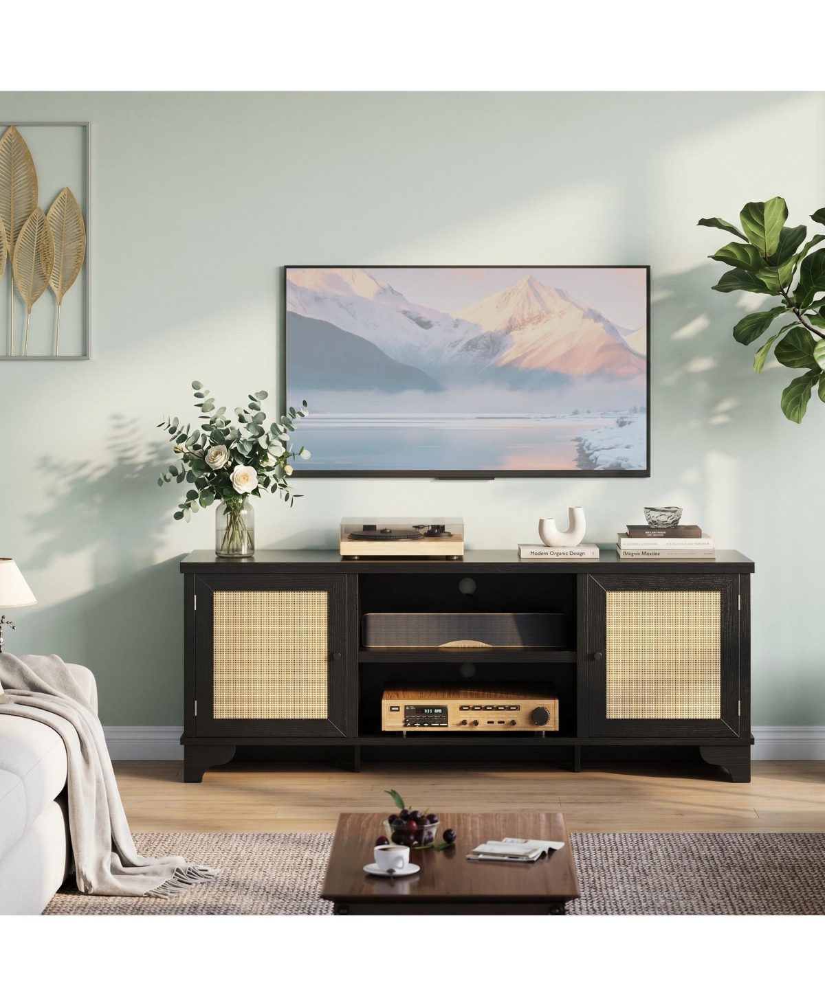 homfan Rattan Tv Stand Fits TVs Up to 70 Inches, Farmhouse Entertainment Center with 2 Cabinets and Open Shelves, Wooden Media Console Table