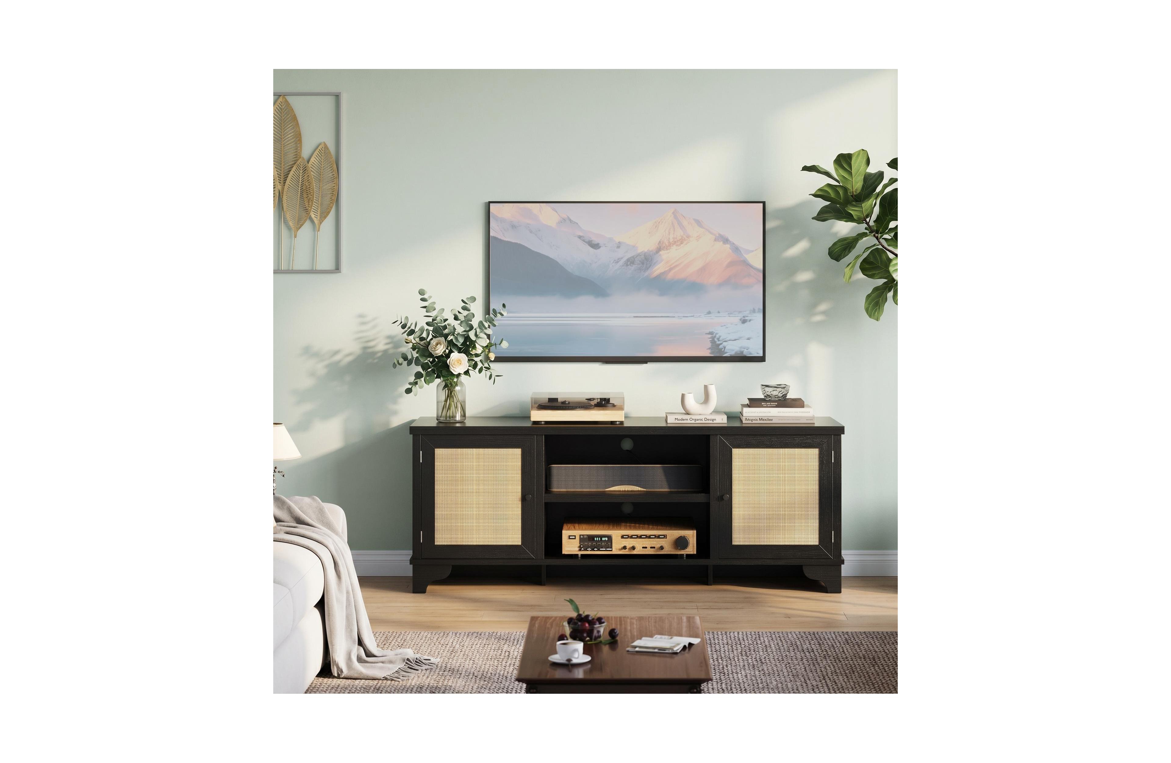 homfan Rattan Tv Stand Fits TVs Up to 70 Inches, Farmhouse Entertainment Center with 2 Cabinets and Open Shelves, Wooden Media Console Table