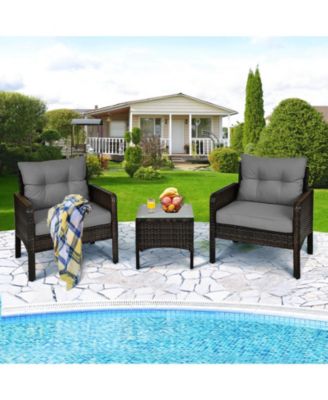 3 Pieces  Patio PE Wicker Furniture Set with Cushions and Tempered Glass Coffee Table