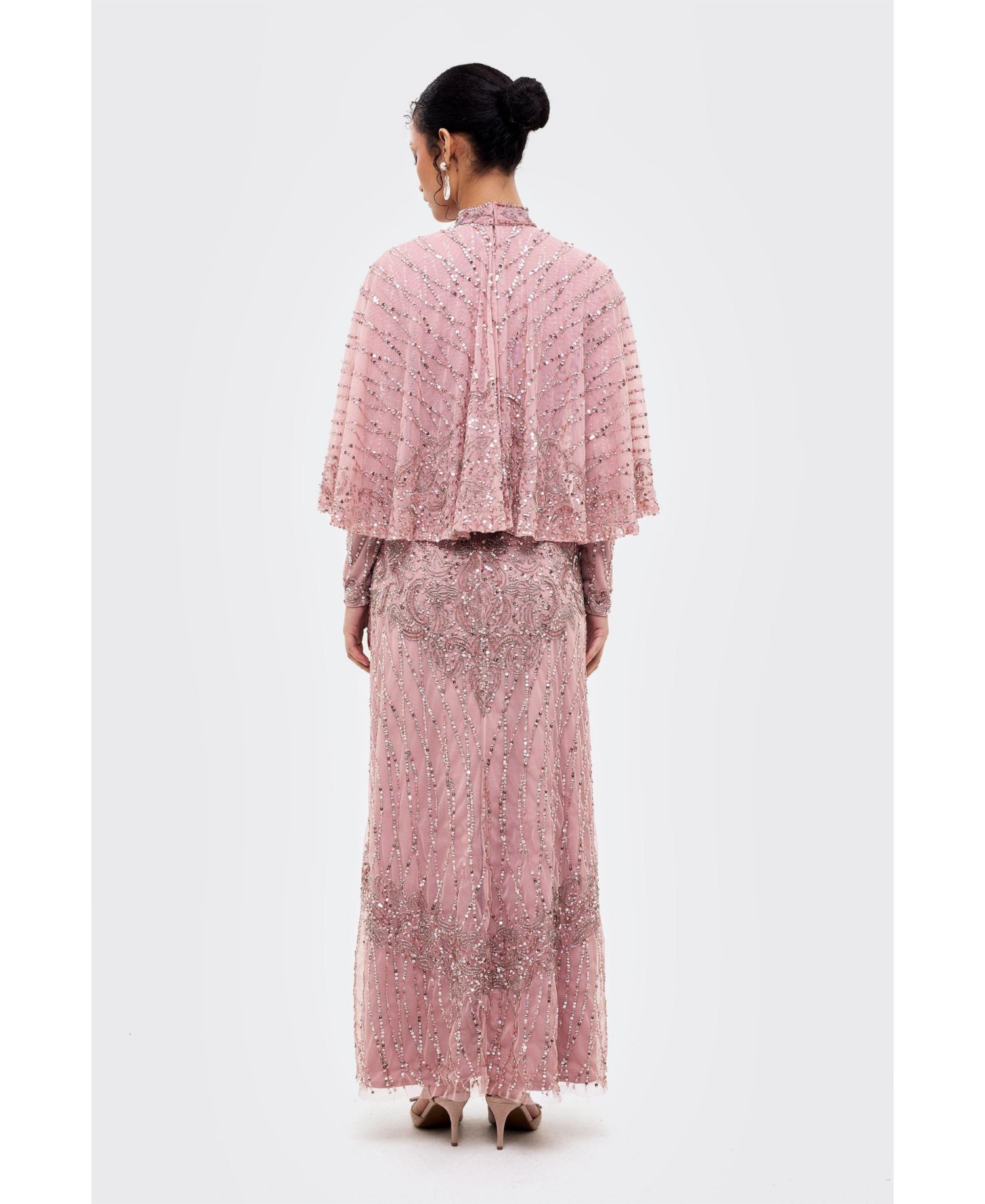 Women's Modest Cape Embellished Sequins Gown