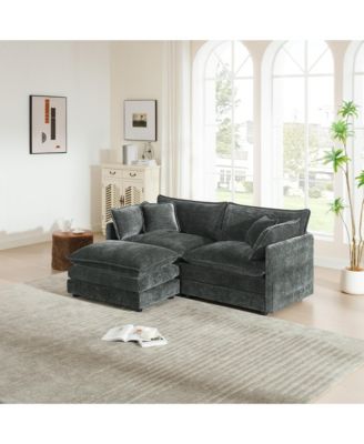 Chenille Two-Seater Sofa with 1 Footrest, 2 Seater L-Shaped Sectional with Ottoman,Loveseat with Ottoman for Small Living
