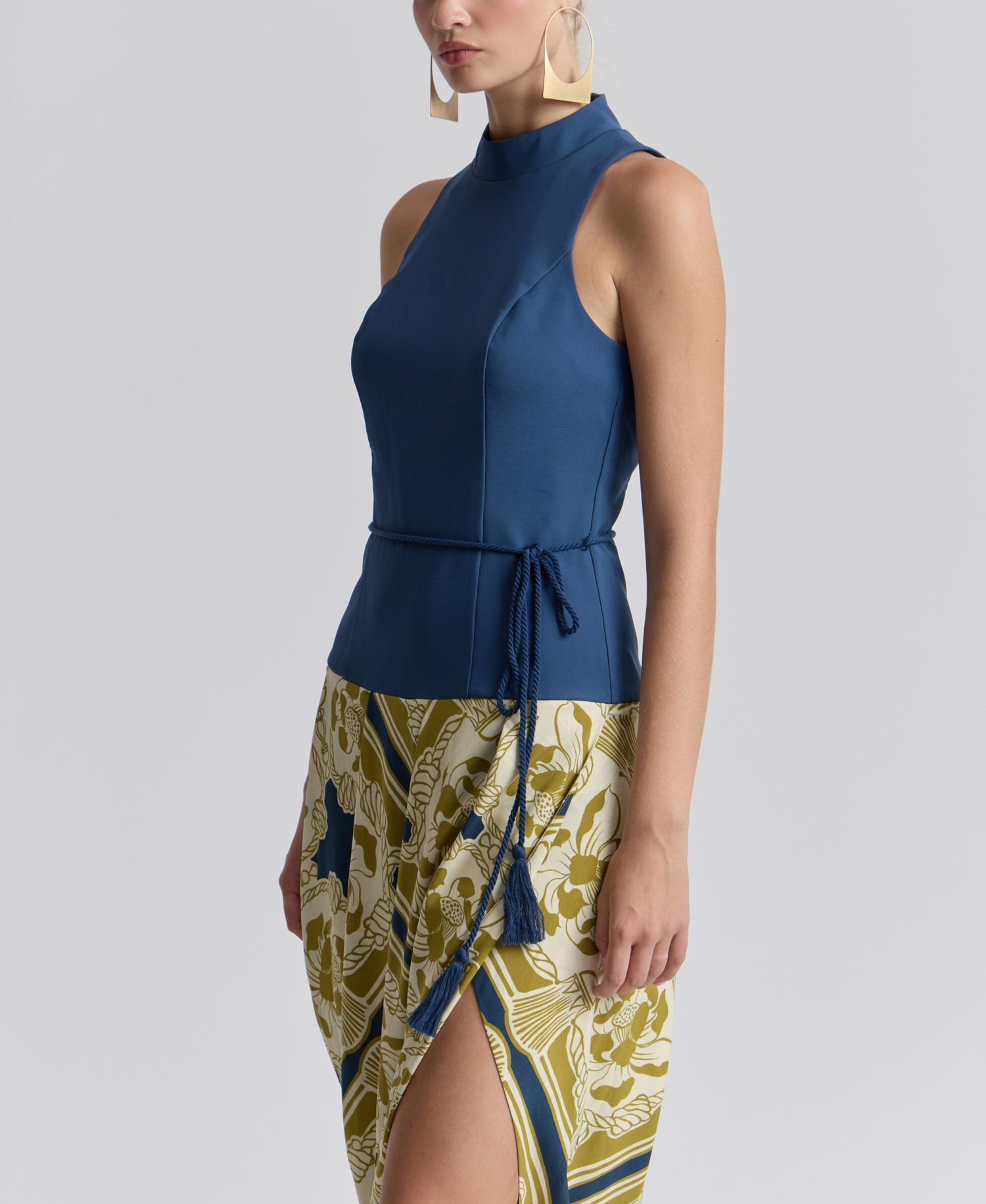 Women's Sleeveless Belted Mock-Neck Asymmetric Drape Midi Dress
