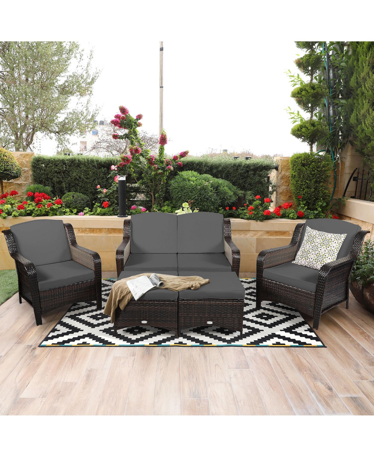 Costway 5 Pieces Patio Furniture Set Outdoor Rattan Conversation Sofa Set with Cushions