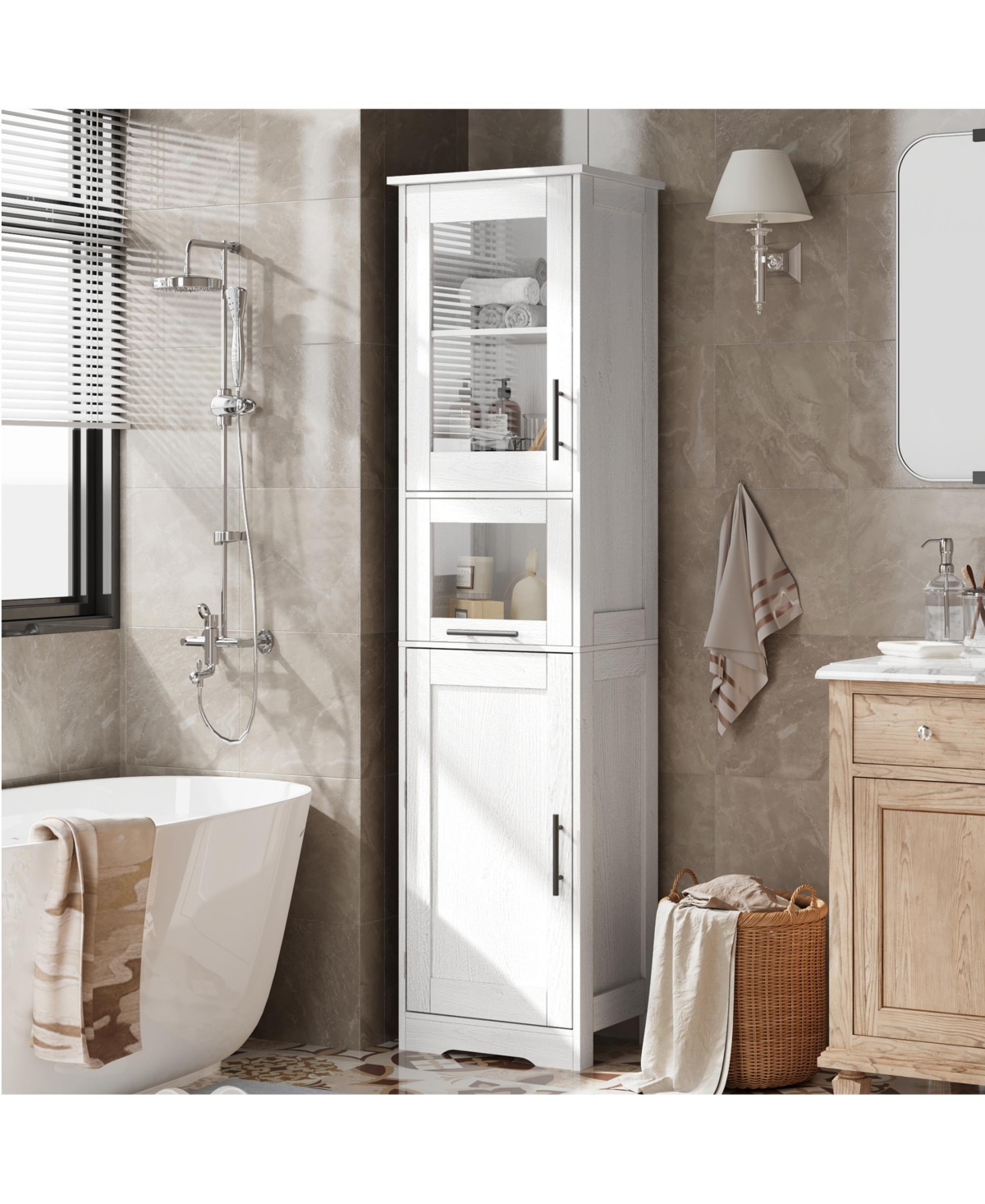 gaomon 67" Narrow Storage Cabinet Slim Freestanding Cabinet with Glass Doors and Adjustable Shelves for Bathroom, Living Room and Kitchen