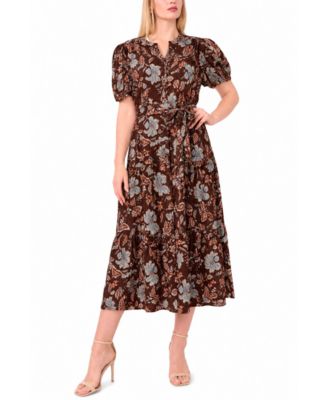 Plus Size Puff-Sleeve Belted Midi Dress