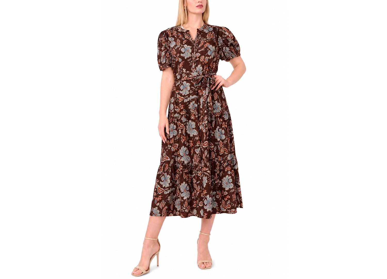 Plus Size Puff-Sleeve Belted Midi Dress